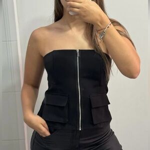 Black Strapless Corset Top Bustier w/ Front Zipper & Utility Pockets size small